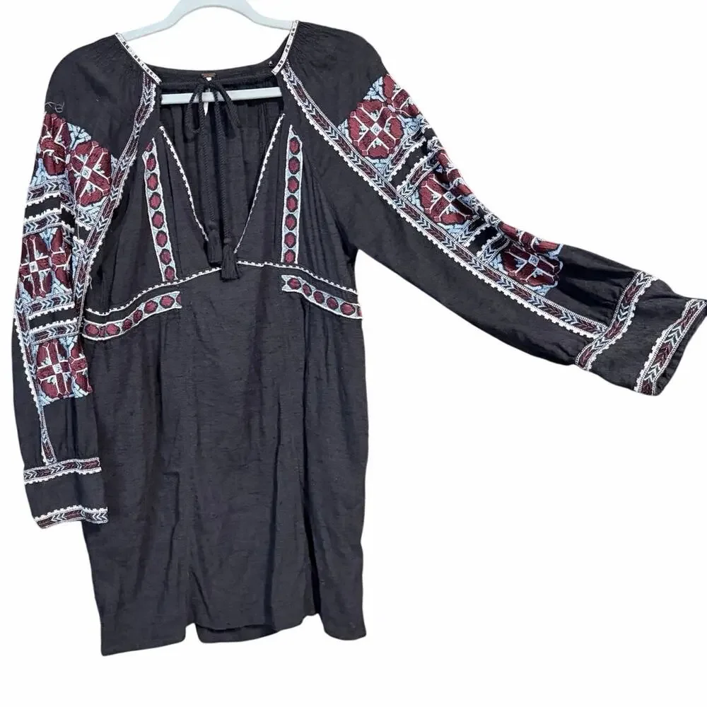 Free people cotton blend black boho embroidered dress long sleeve medium mosaic